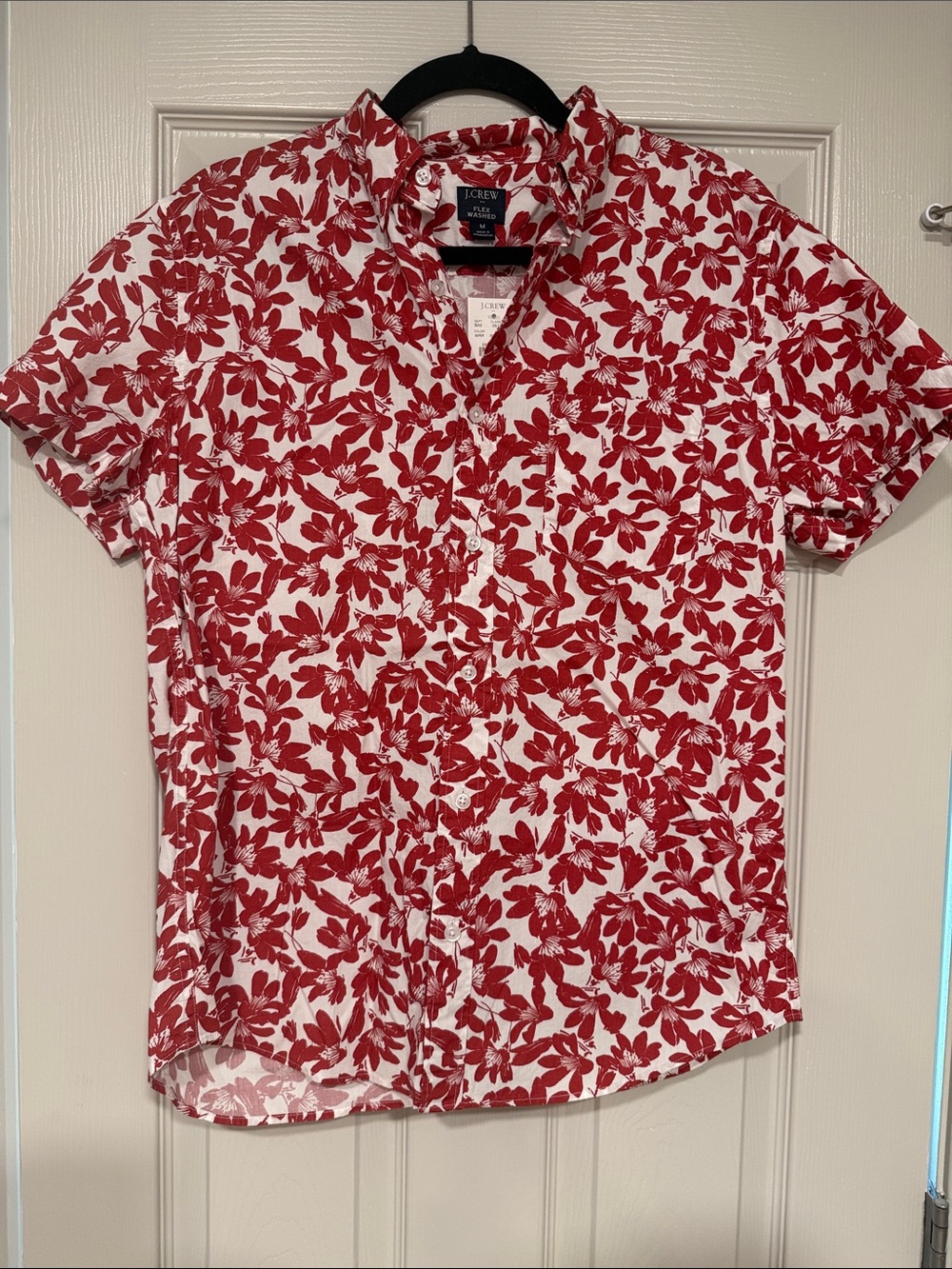 J. Crew White Short-Sleeve Button-Down with Red Floral Print